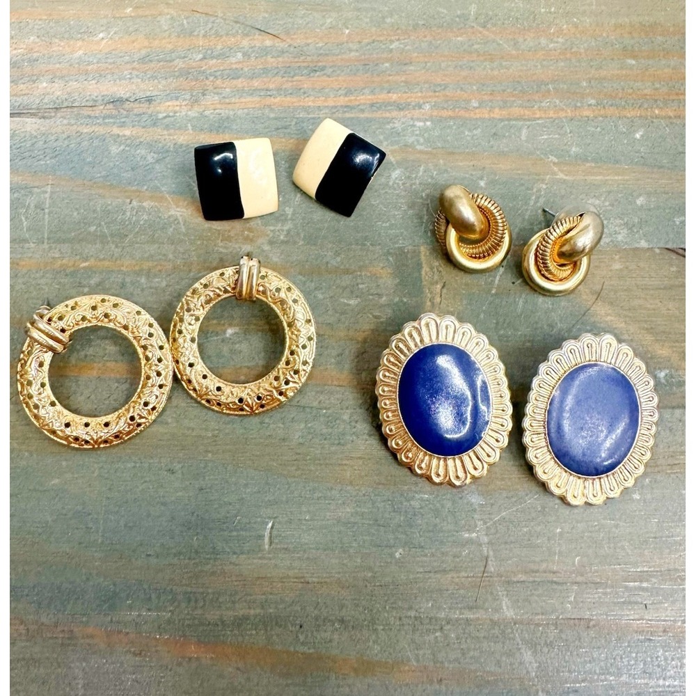 Vintage Costume Jewelry Stud Earrings Lot of 4 Pairs Women's Gold Tone Metal
